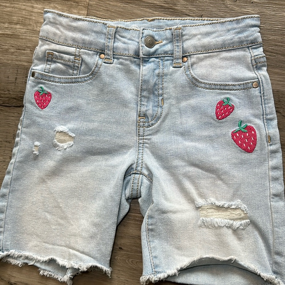 Wonder Nation Light Blue Denim Shorts with Strawberry Embroidery